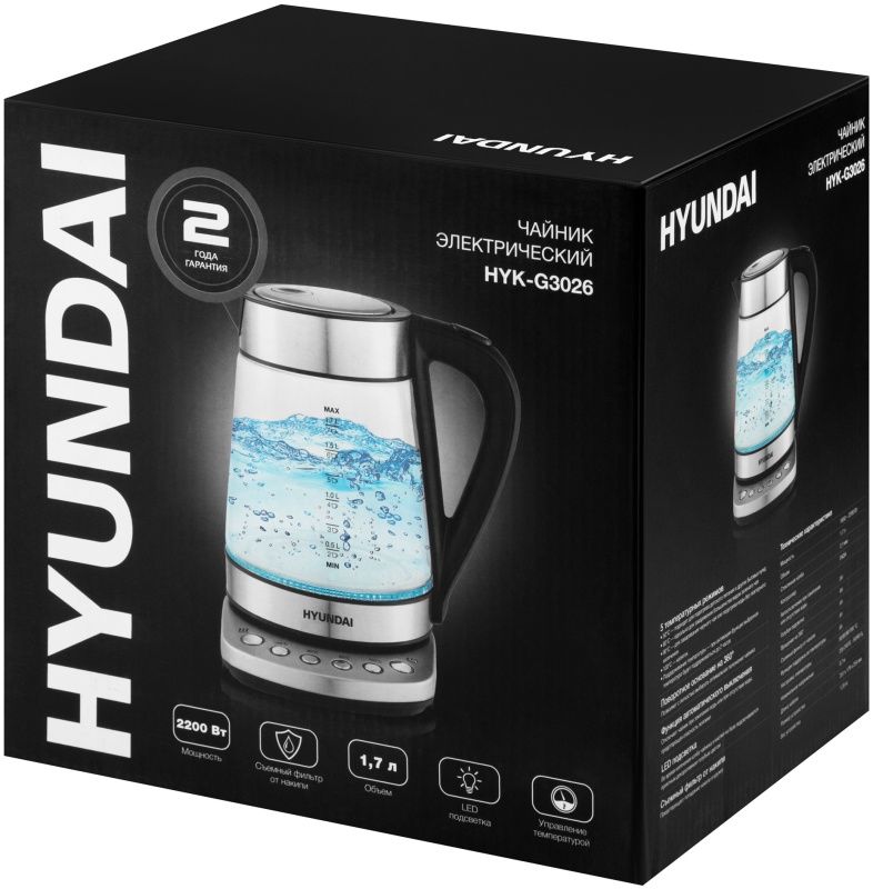Купить чайник Hyundai HYK-G3026 серебристый/черный в интернет-магазине ...
