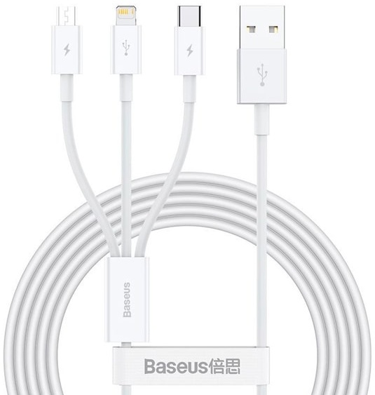 Кабель Baseus USB-A - Micro usb+Lightning+Type C, 3.5A, 1.5м, белый CAMLTYS-02 - низкая цена, доставка или самовывоз по Екатеринбургу. Кабель Базеус USB-A - Micro usb+Lightning+Type C, 3.5A, 1.5м, белый купить в интернет магазине ОНЛАЙН ТРЕЙД.РУ