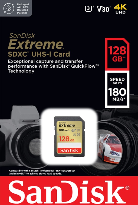 Карта памяти SanDisk Extreme SDXC Class 10 UHS-I U3 V30 128Gb (180/90 MB/s) - Изображение 1
