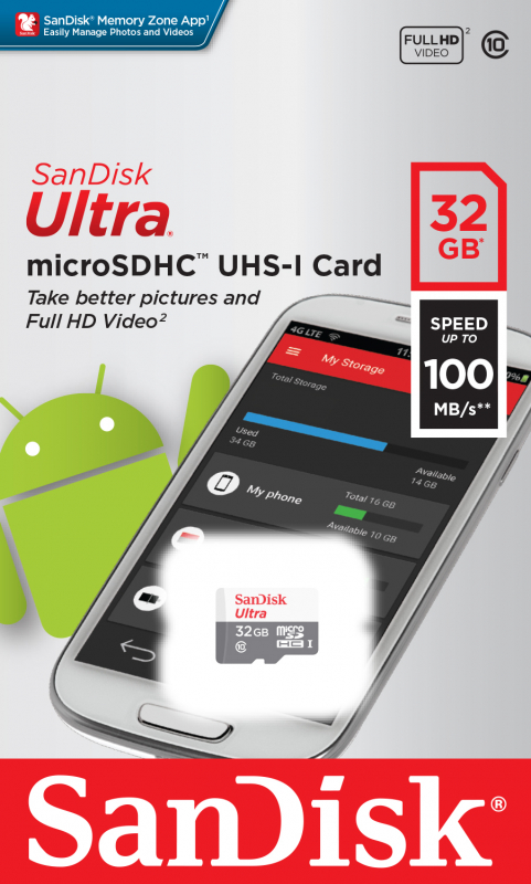 Карта памяти micro SDHC 32Gb Sandisk Ultra Class 10 UHS-I (100/10 MB/s) — купить в интернет-магазине ОНЛАЙН ТРЕЙД.РУ