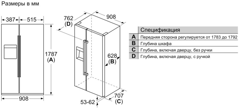 Ширина двухдверного холодильника на кухне