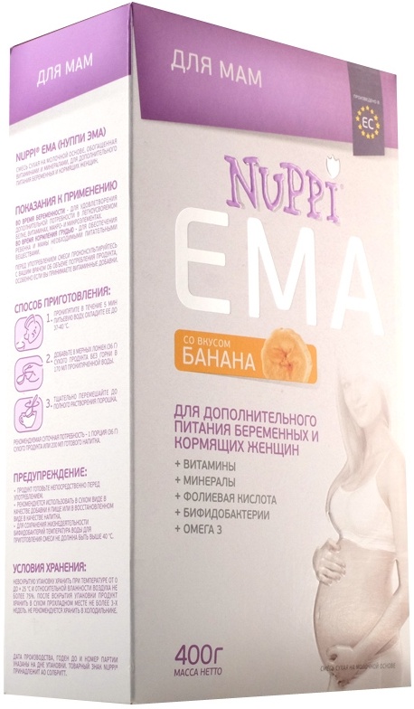 Белковая смесь для беременных. Молочная смесь для мам nuppi Ema со вкусом банана 400 г. Смесь для кормящих мам. Сухая смесь для беременных.