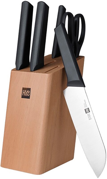 Набор стальных ножей HuoHou 6-Piece Kitchen Knife Set Lite (HU0057), (4 ножа + ножницы + деревянная подставка из бука) РУССКАЯ ВЕРСИЯ!!!, черный HU0057 Black RUS — купить в интернет-магазине ОНЛАЙН ТРЕЙД.РУ
