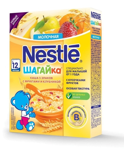 Каша Nestle молочная 200г шагайка 5 злаков с фруктами и клубникой с бифидобактериями с 12 мес, Nestle (7613033346347)