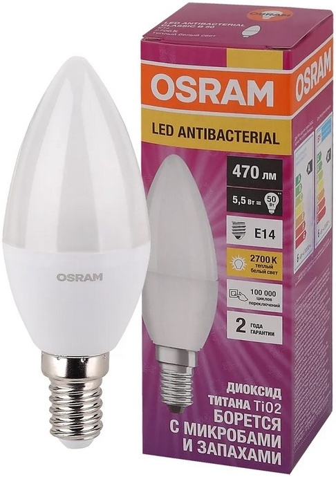 Светодиодная антибактериальная лампа OSRAM LCCLB40 5,5W/827 230VFR E14 470lm 4058075561373 — купить по низкой цене в интернет-магазине ОНЛАЙН ТРЕЙД.РУ