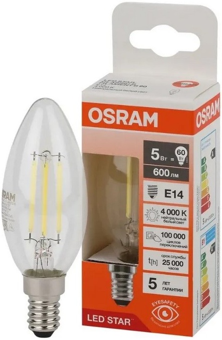 Светодиодная лампа Osram LED STAR CL B60 5W/840 220-240V FIL CL E14 600lm 4058075684782 — купить в интернет-магазине ОНЛАЙН ТРЕЙД.РУ