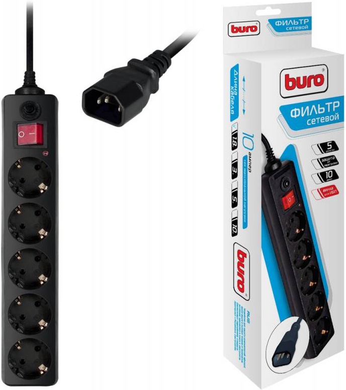 Сетевой фильтр Buro 500SH-1.8-UPS-B 1.8м (5 розеток) черный (коробка) к ...