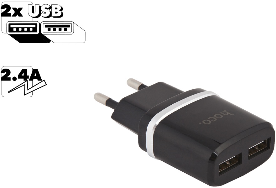 Сетевое зарядное устройство HOCO C12 Smart 2xUSB-А, 2.4 A, черный 0L-00037568 - купить в интернет-магазине ОНЛАЙН ТРЕЙД.РУ в Чебоксарах.