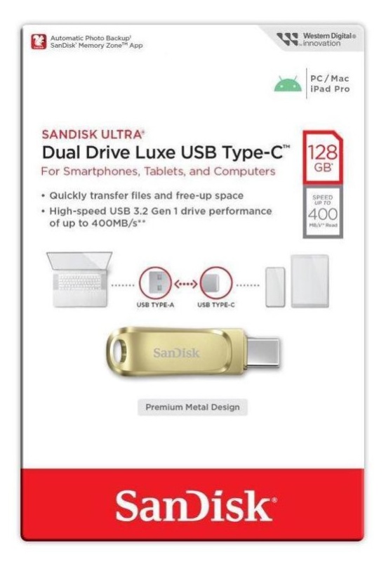 USB флешка 128Gb Sandisk Ultra Dual Drive Luxe gold USB 3.1 gen 1/ USB Type-C 150 Mb/s - Изображение 1