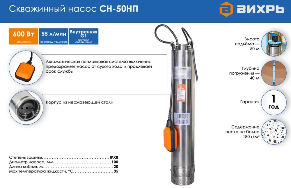 Насос погружной скважинный вихрь СН-100 - купить в интернет-магазине по низкой ц