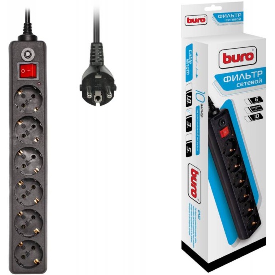 Сетевой фильтр Buro 600SH-1.8-B 1.8м (6 розеток) черный (коробка ...