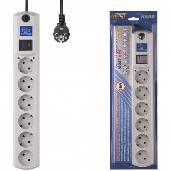Сетевой фильтр Most HV6 2м (6 розеток) белый (коробка) MOST HV6-Б 2М ...