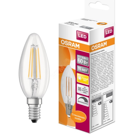 Светодиодная лампа OSRAM LED PSCL B60 DIM 5W/827 230V CL FIL E14 600lm ...
