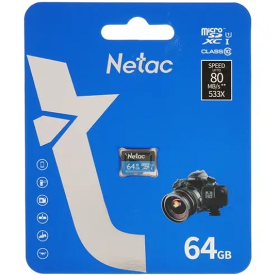  Карта памяти Netac P500 MicroSDXC 64Gb Class 10 UHS-I 80MB/s (NT02P500STN-064G-S) 
