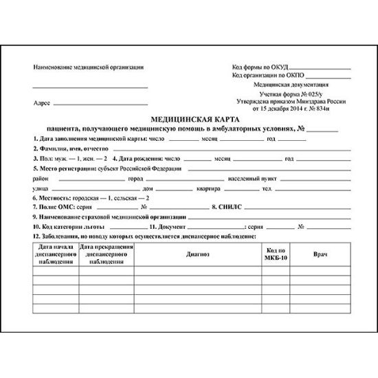 Индивидуальная карта амбулаторного больного форма