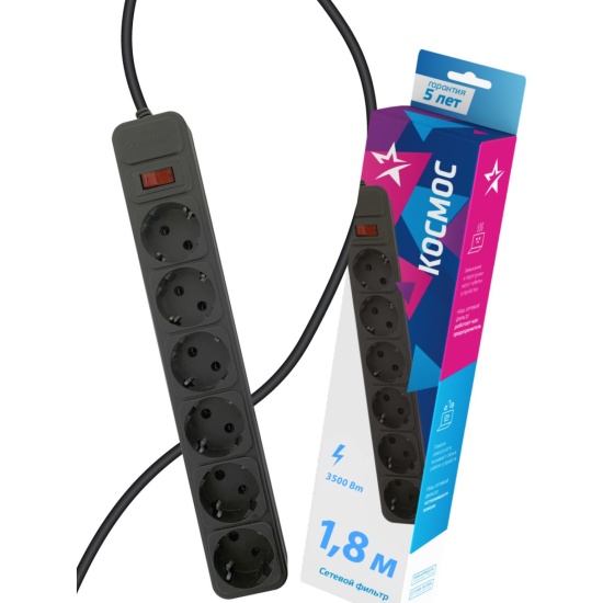 Сетевой фильтр Космос 6х1.8м с заземл. 16А IP20 3.5кВт с пред. 3х1 ...