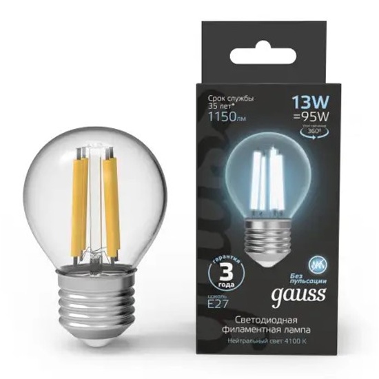 Светодиодная лампа Gauss Filament Шар 13W 1150lm 4100К Е27 LED 1/10/50 ...