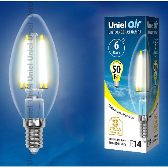 Светодиодная лампа LED-C35-6W/WW/E14/CL GLA01TR Форма свеча, прозрачная .