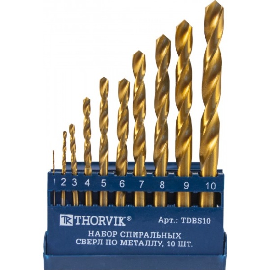Набор сверл по металлу 10 шт. HSS TiN в пластиковом кейсе  d1.0-10.0 мм Thorvik