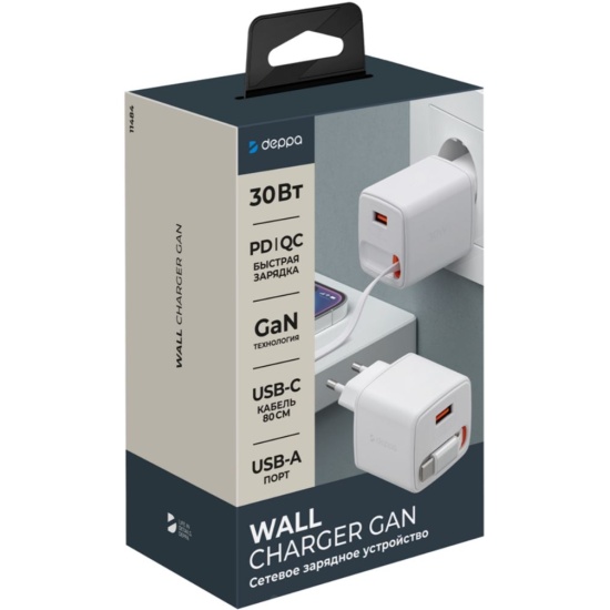 Сетевое зарядное устройство Deppa 30Вт, USB-C + USB-A, GaN, белый ...