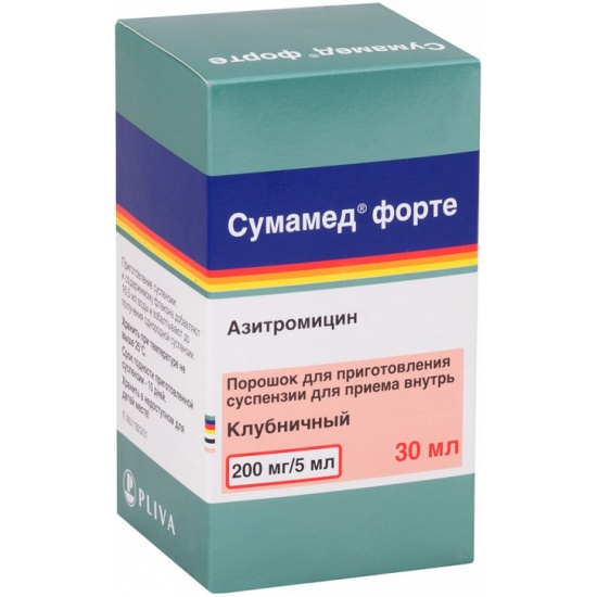 Сумамед форте пор. для сусп. 200мг/5мл фл. 29.295мл клубника (дозир. ложка) х1 (3850114216449)