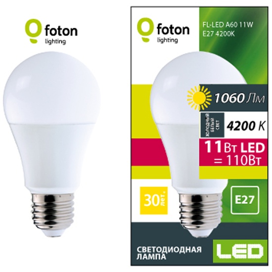 Светодиодная лампа FOTON LIGHTING FL-LED A60 11W E27 4200К 220В 1060Лм ...