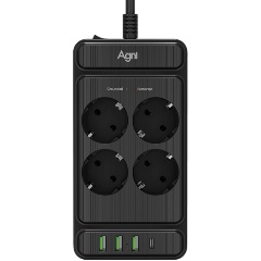 Изображение товара Сетевой фильтр AGNI плоский 4 розетки, 5 метров, 3 USB + 1 Type-C 20 Вт, чёрный