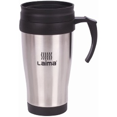 Изображение товара Автокружка 400 мл, термостакан с ручкой, винтовая крышка-клапан, пластик/сталь, серебро, LAIMA, 605126