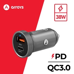 Изображение товара Автомобильное зарядное устройство Arroys CR-4, USB-A + USB-C, 38 Вт, 3 A, черный