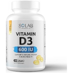 Изображение товара БАД SOLAB Витамин D3 600 МЕ 120 капсул для поддержки костей иммунитета и здоровья