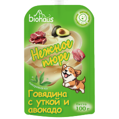Изображение товара Лакомство для собак BIOHAUS Нежное пюре Говядина с уткой и авокадо 100 г