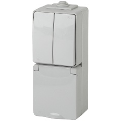 Изображение товара Блок розетка-выключатель двухклавишный ЭРА Эксперт IP65 16A 250V 11-7608-03 Б0035999