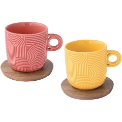 Изображение товара Набор Easy Life из 2-х чашек 0.25л (красн.+жёлтый) на подставке (акация) "Радуга" в подарочной упаковке.
