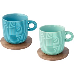 Изображение товара Набор Easy Life из 2-х чашек 0.25л (мятн.+мор.волна) на подставке (акация) "Радуга" в подарочной упаковке.