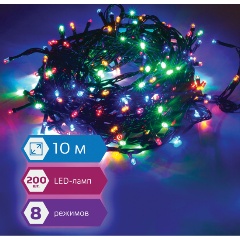 Изображение товара Электрогирлянда светодиодная ЗОЛОТАЯ СКАЗКА "Стандарт", 200 ламп, 10 м, многоцветная, контроллер, 591100