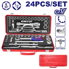 Изображение товара EMTOP Набор ключей гаечных ручных, неразводных и торцевых головок (1/2", 24 шт)