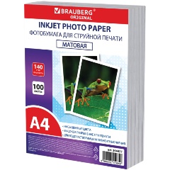 Изображение товара Фотобумага матовая , А4, 140 г/м2, односторонняя, 100 листов, ПАКЕТ, BRAUBERG ORIGINAL, 364427