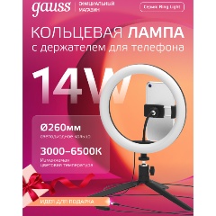 Изображение товара Кольцевая светодиодная лампа Gauss с комплектом креплений для установки телефона. 26 см.
