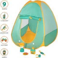 Изображение товара Детская игровая палатка Набор Туриста с набором для пикника 8 предметов: примус, складной ножик, сковорода, тарелка, фляжка, G209-006