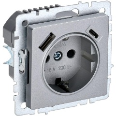 Изображение товара Розетка IEK BRITE РЮш11-1-БрА 16А с USB A+C 18Вт с заземл. защ. шторки алюм., BR-R14-16-U22-018-K47