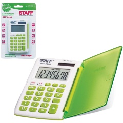 Изображение товара Калькулятор карманный Staff STF-6238, 8-разрядный, белый с зелёными кнопками, двойное питание, 104х63 мм, блистер