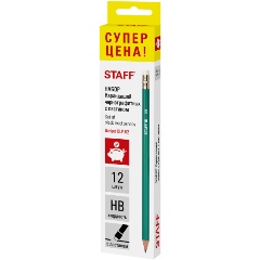 Изображение товара Карандаши чернографитные HB, НАБОР 12 штук STAFF "Budget BLP-02", с ластиком, 181923