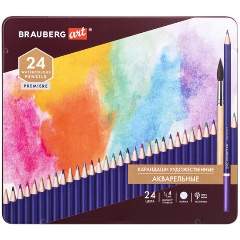 Изображение товара Карандаши художественные цветные акварельные BRAUBERG ART PREMIERE, 24 цвета, грифель 4 мм, металл, 181534