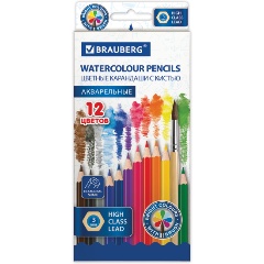 Изображение товара Карандаши цветные акварельные классические мягкие BRAUBERG, 12 цветов, с КИСТЬЮ, 181848
