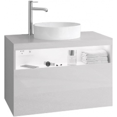 Изображение товара Тумба под умывальник KEUCO 800x550x490mm,1 ящик,oтверстие под смеситель слева, с освещением, pозеткa и USB, пластиковый сифон, белый