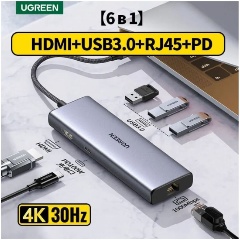 Изображение товара Хаб (разветвитель) UGREEN USB-C - 3*USB 3.0 A+HDMI+RJ45+PD Converter, серый (15598)