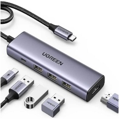 Изображение товара Хаб (разветвитель) UGREEN USB-C - HDMI, 3хUSB 3.0 A, PD Power Converter, серый (15597)