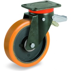 Изображение товара Колесо большегрузное Tellure Rota 646656 поворотное с задним тормозом, диаметр 200мм, грузоподъемность 1000кг, полиуретан TR, чугун