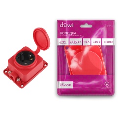 Изображение товара Колодка каучуковая duwi 1 гнездо, с/з, с крышкой, 3680Вт, 16A, IP44, красная, 27464