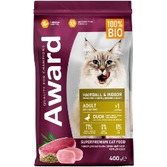 Изображение товара Сухой корм AWARD Hairball Indoor для взрослых кошек 400г натуральный для шерсти и здоровья